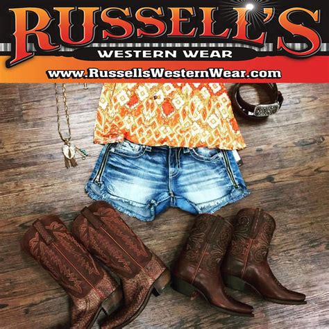 Russell's western wear - See Russell's Western Wear salaries collected directly from employees and jobs on Indeed. Salary information comes from 1 data point collected directly from employees, users, and past and present job advertisements on Indeed in the past 24 months. Please note that all salary figures are approximations based upon third party submissions to Indeed.